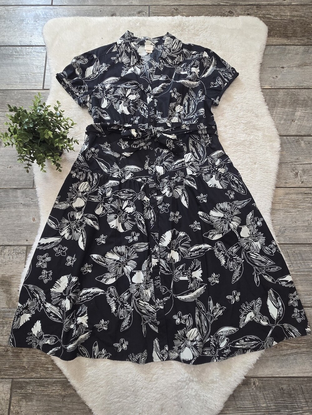 Merona Black & White Tropical Botanical Collared Cottagecore Shirt Dress, XXL